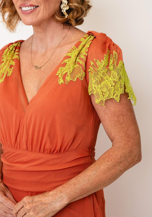 TOPSHOP Noa Lace Detail Chiffon Maxi Dress, Rust Orange