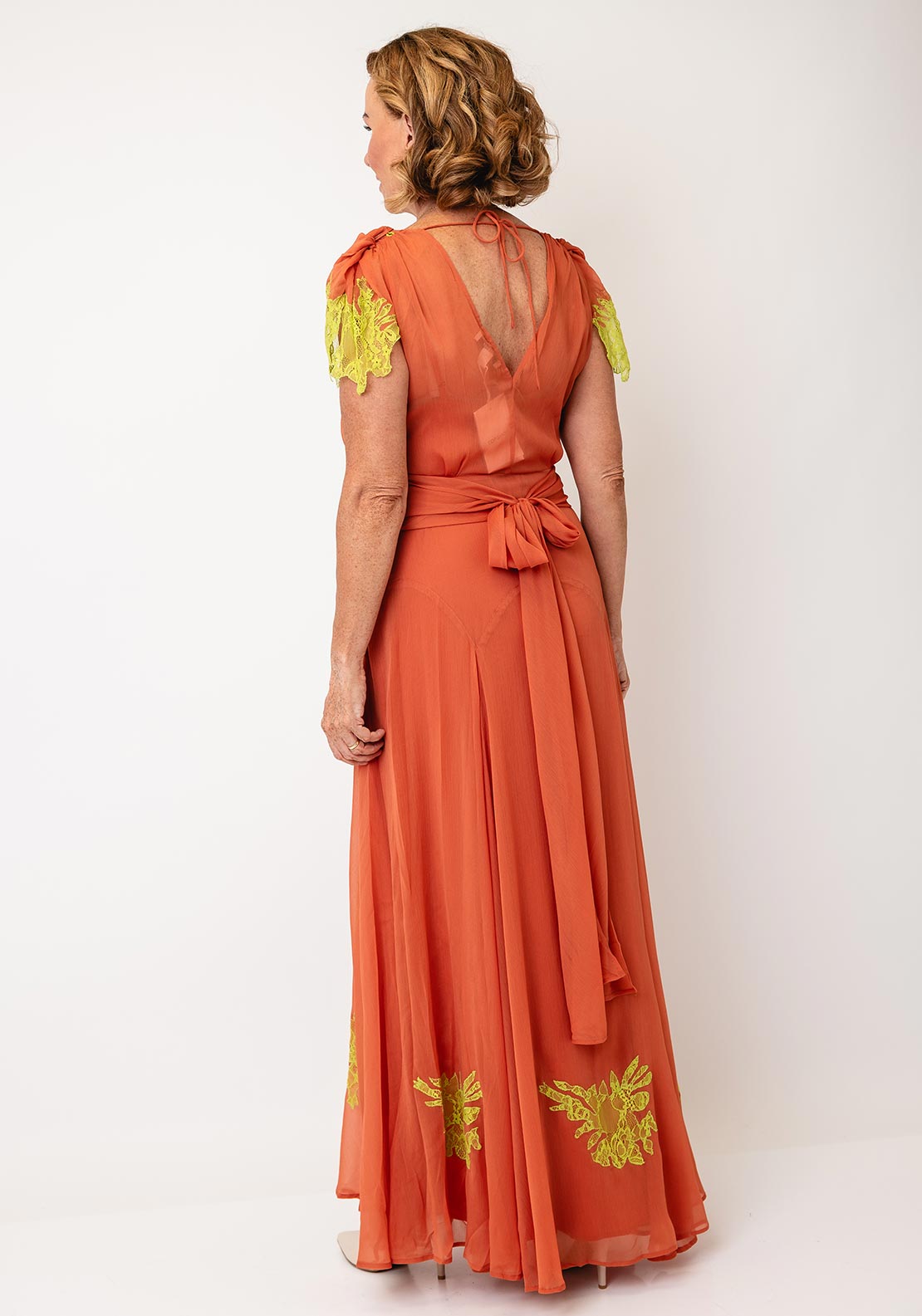 TOPSHOP Noa Lace Detail Chiffon Maxi Dress, Rust Orange