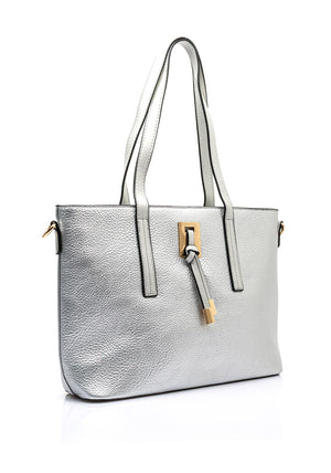 Zen Collection Pebbled Faux Leather Medium Tote Bag, Silver