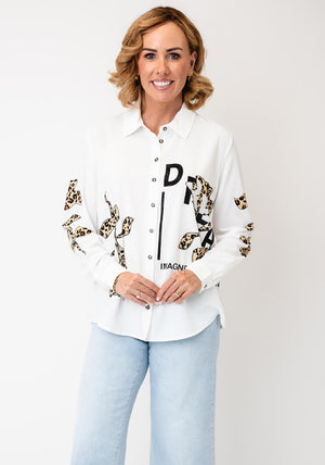 Tricotto Button-Down Animal Print Detail Shirt, White Multi