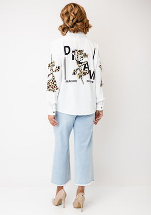 Tricotto Button-Down Animal Print Detail Shirt, White Multi