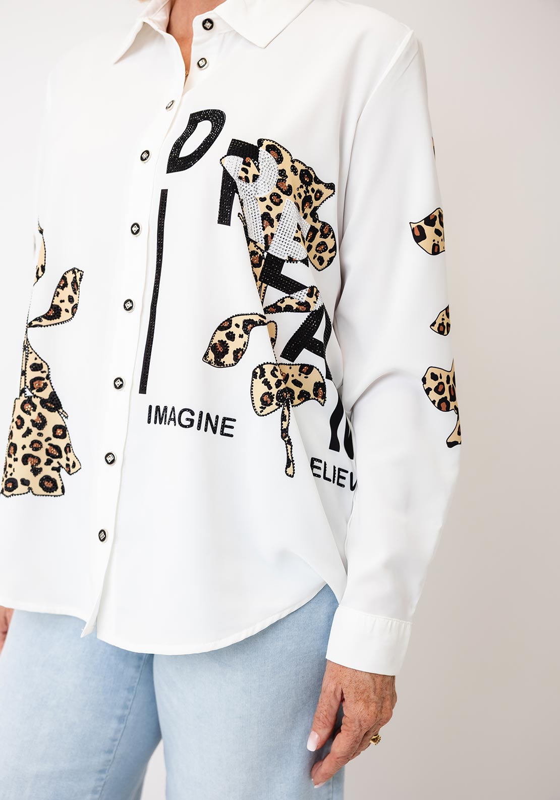 Tricotto Button-Down Animal Print Detail Shirt, White Multi