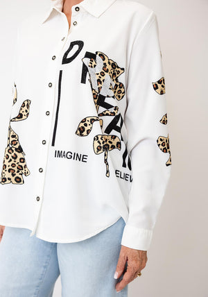 Tricotto Button-Down Animal Print Detail Shirt, White Multi