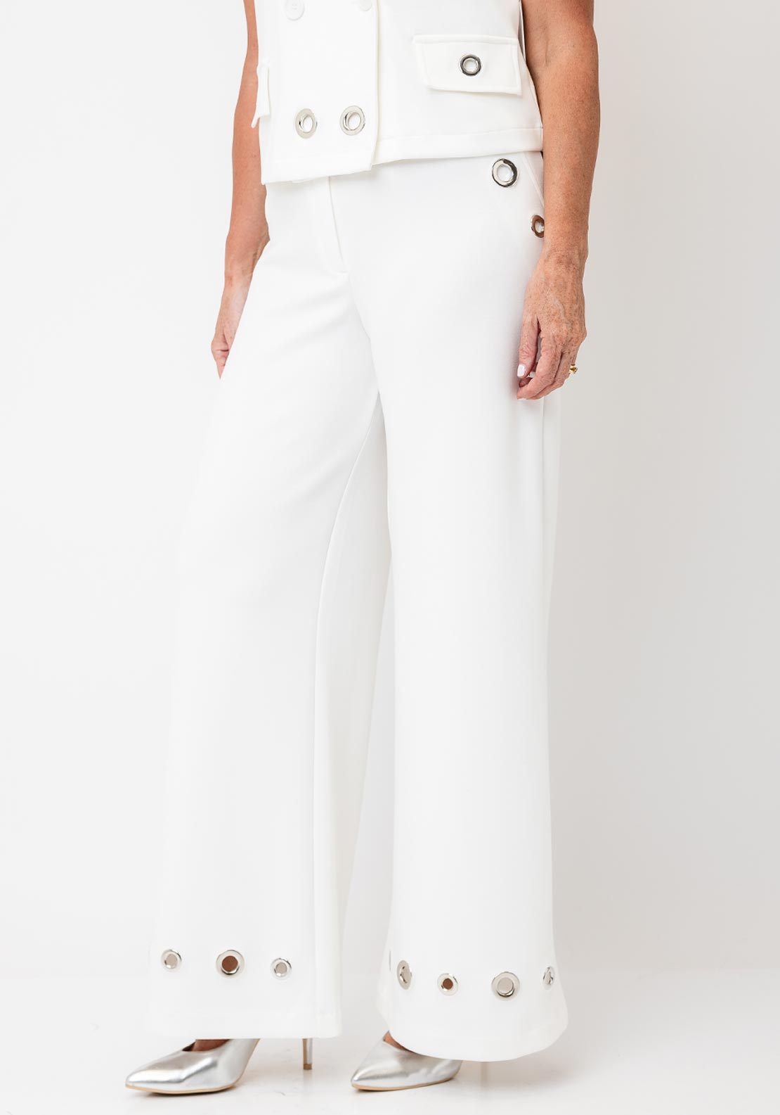 Tricotto Wide Leg with Eyelet Detail Trousers, White