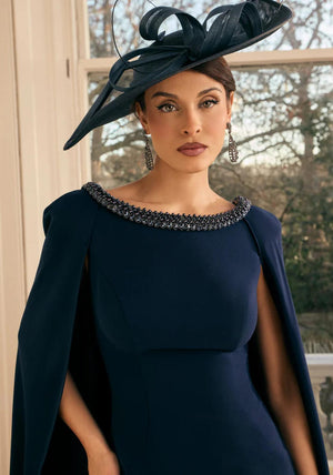 Veni Infantino Embellished Neck Cape Detail Dress, Navy