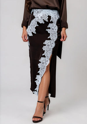 Vero Moda Julie Lace Detail Midi Skirt, Brown and Blue