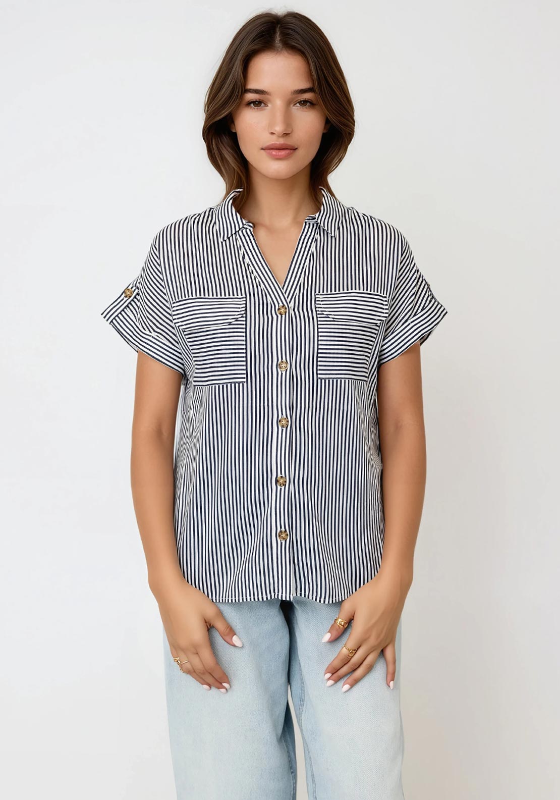 Vero Moda Bumpy Striped Short Sleeve Shirt, Navy