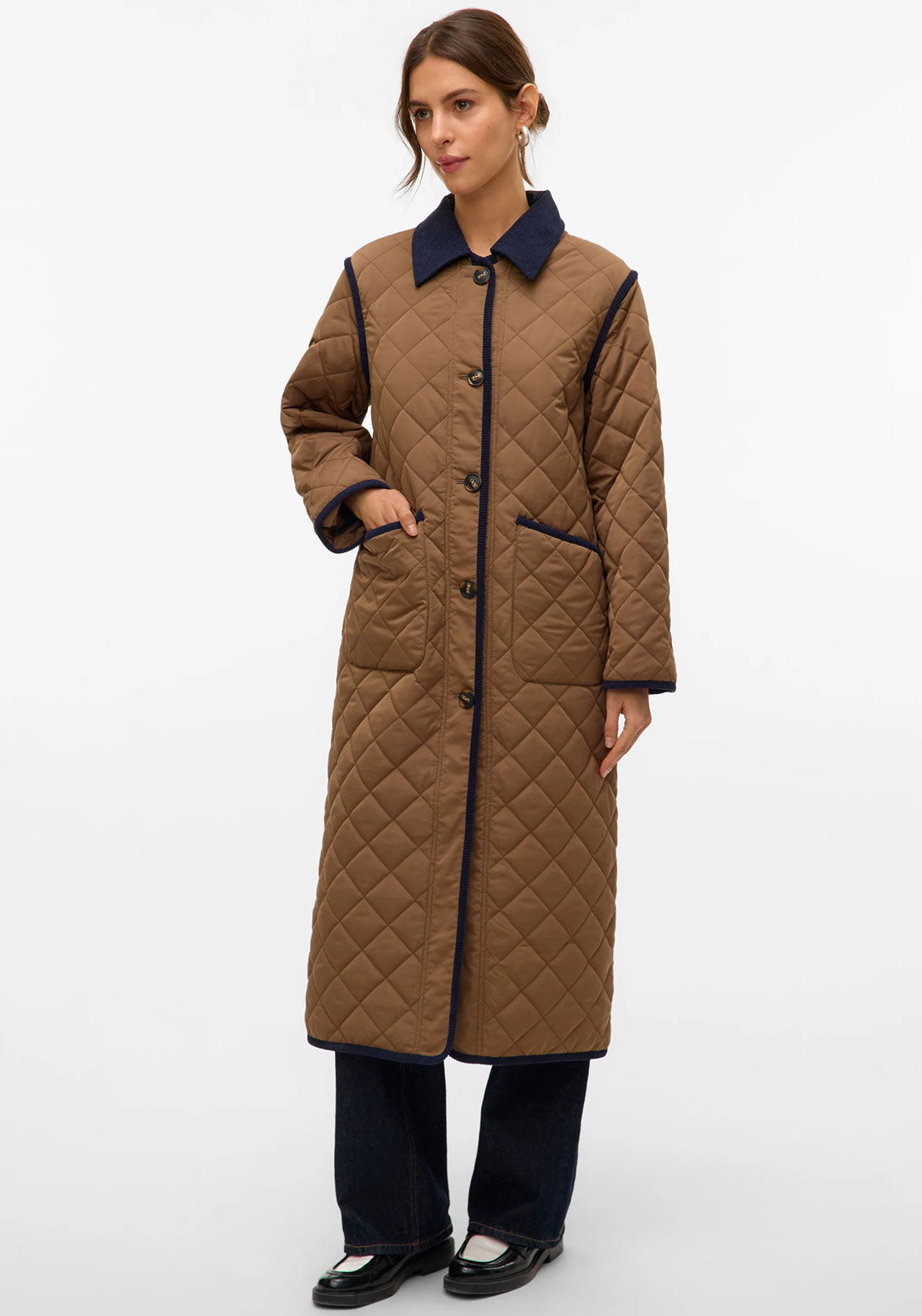Vero Moda Emily Quilted Long Coat, Tan