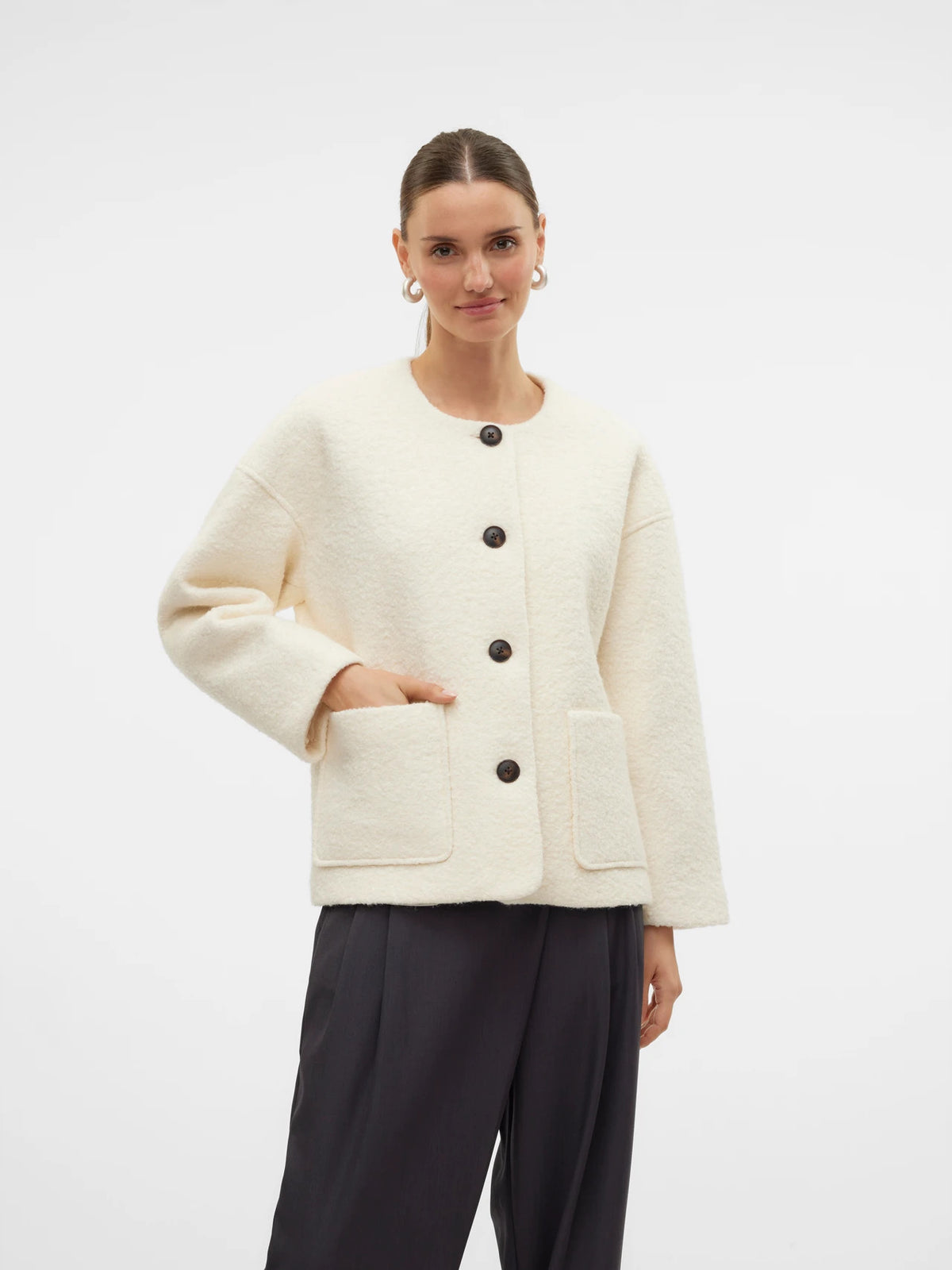 Aware by Vero Moda Button Up Textured Jacket, Cream