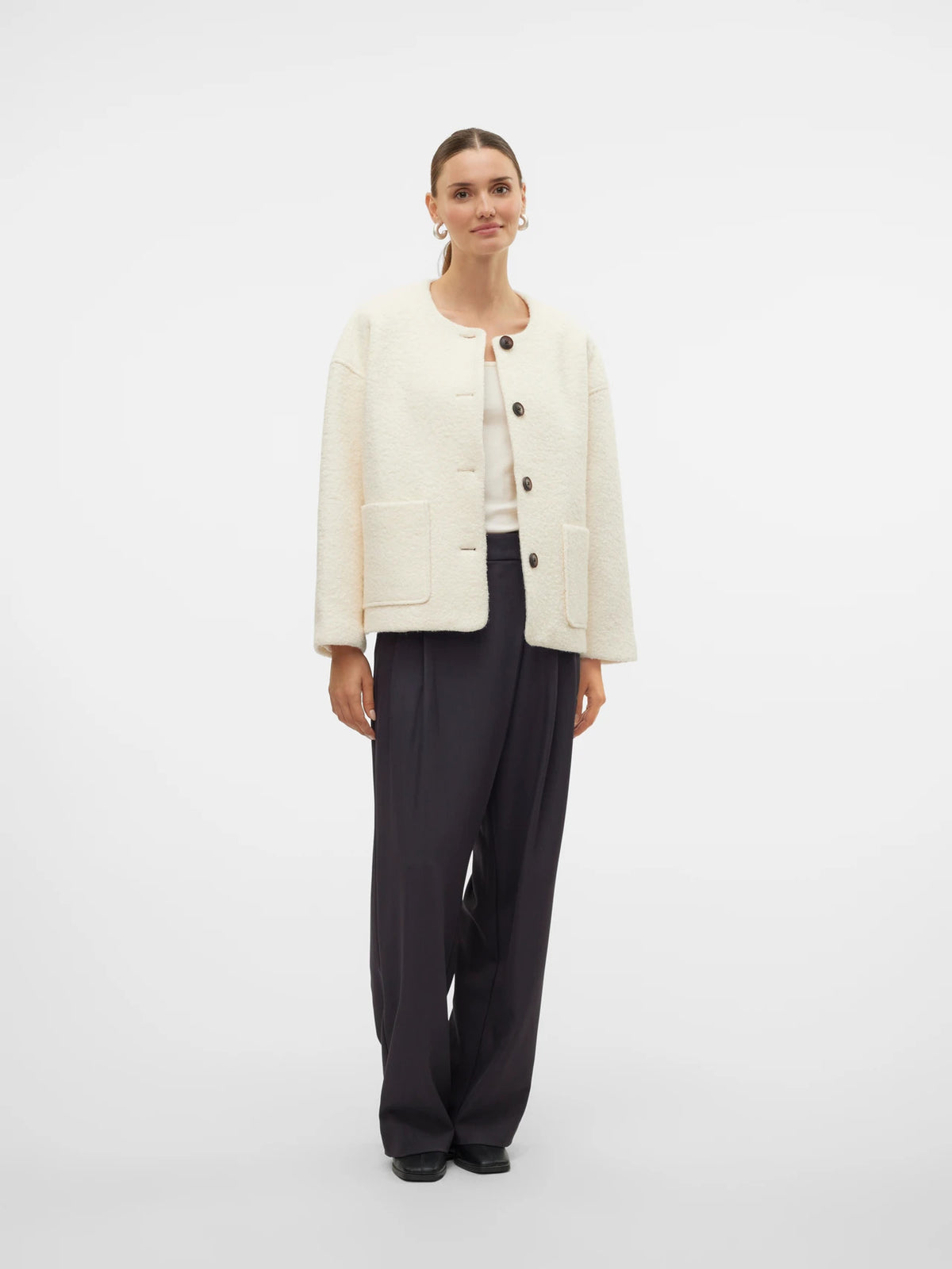 Aware by Vero Moda Button Up Textured Jacket, Cream