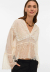 Vero Moda Emilie Sheer Lace V Neck Top, Cream