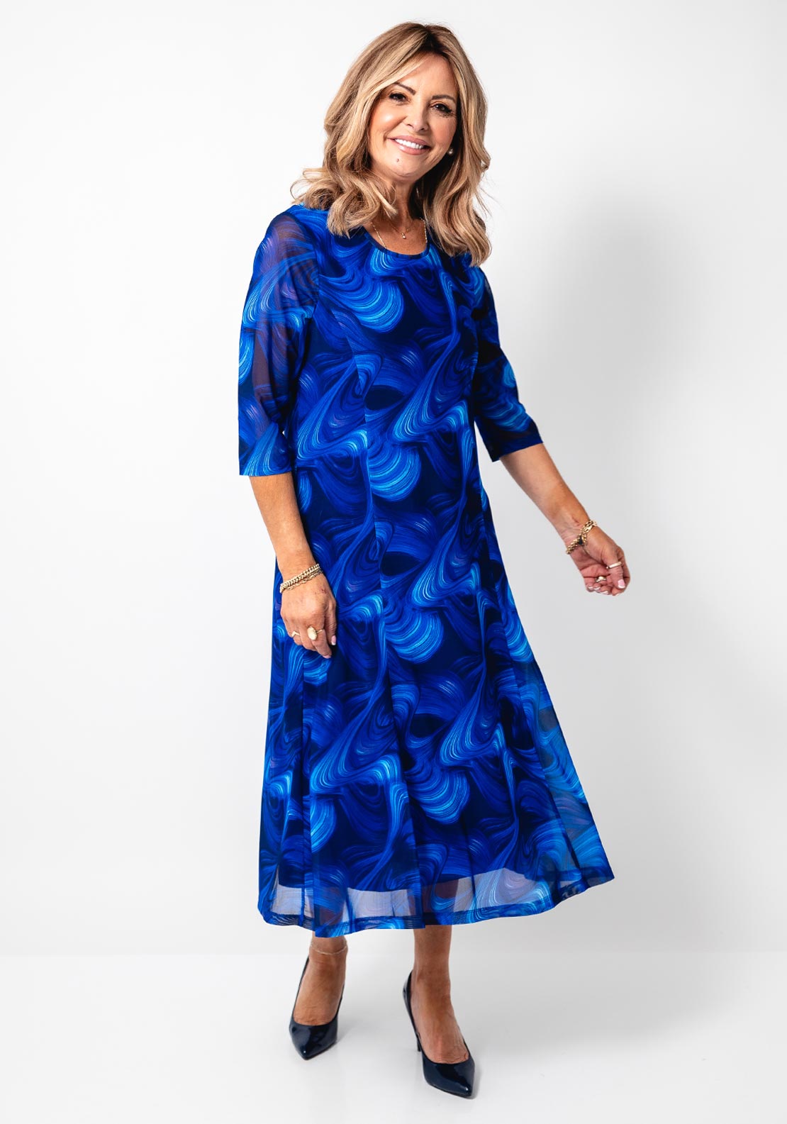 Via Veneto Abstract Print Dress and Bolero Set, Blue
