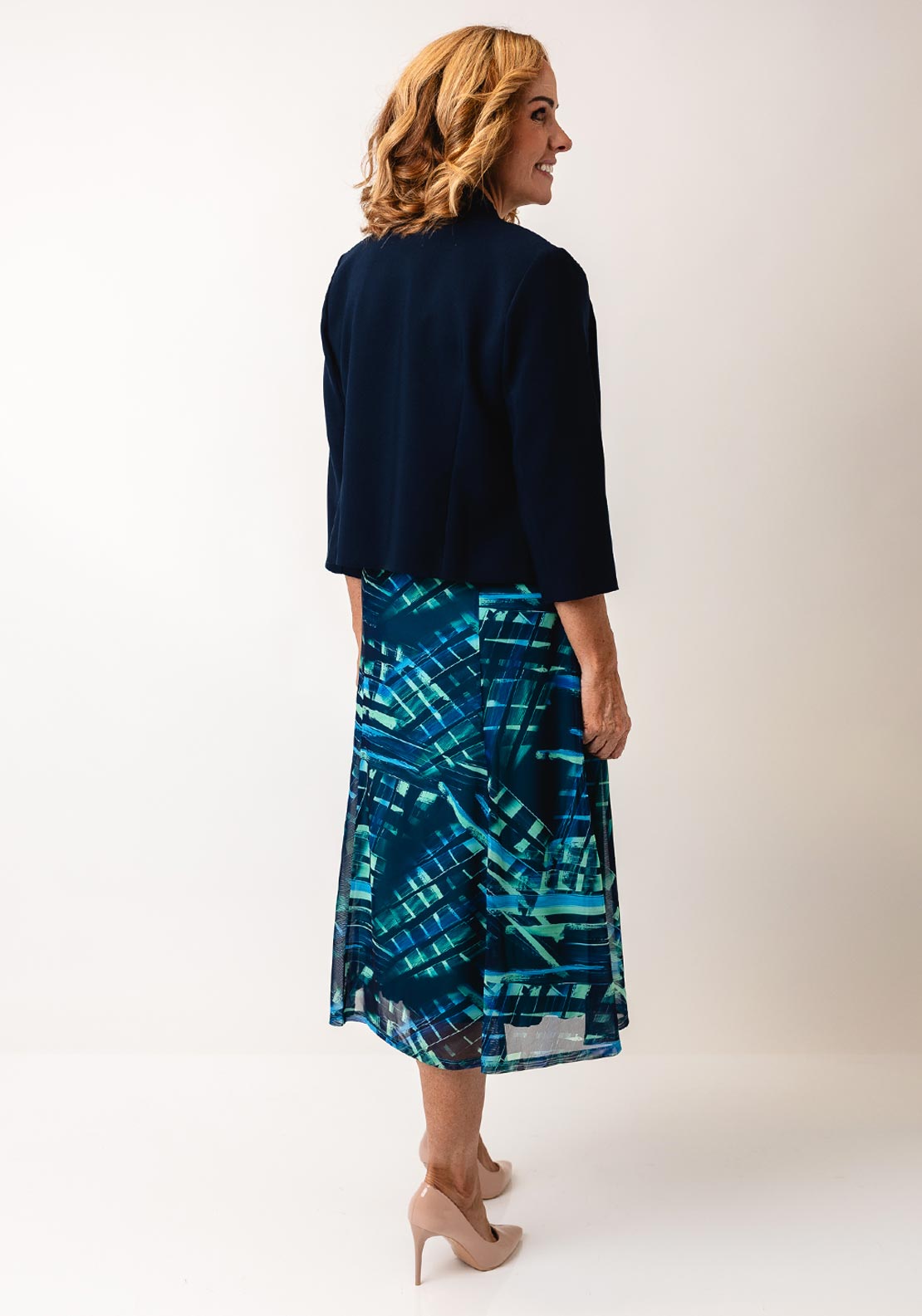 Via Veneto Green Abstract A-Line Dress & Bolero Set, Green