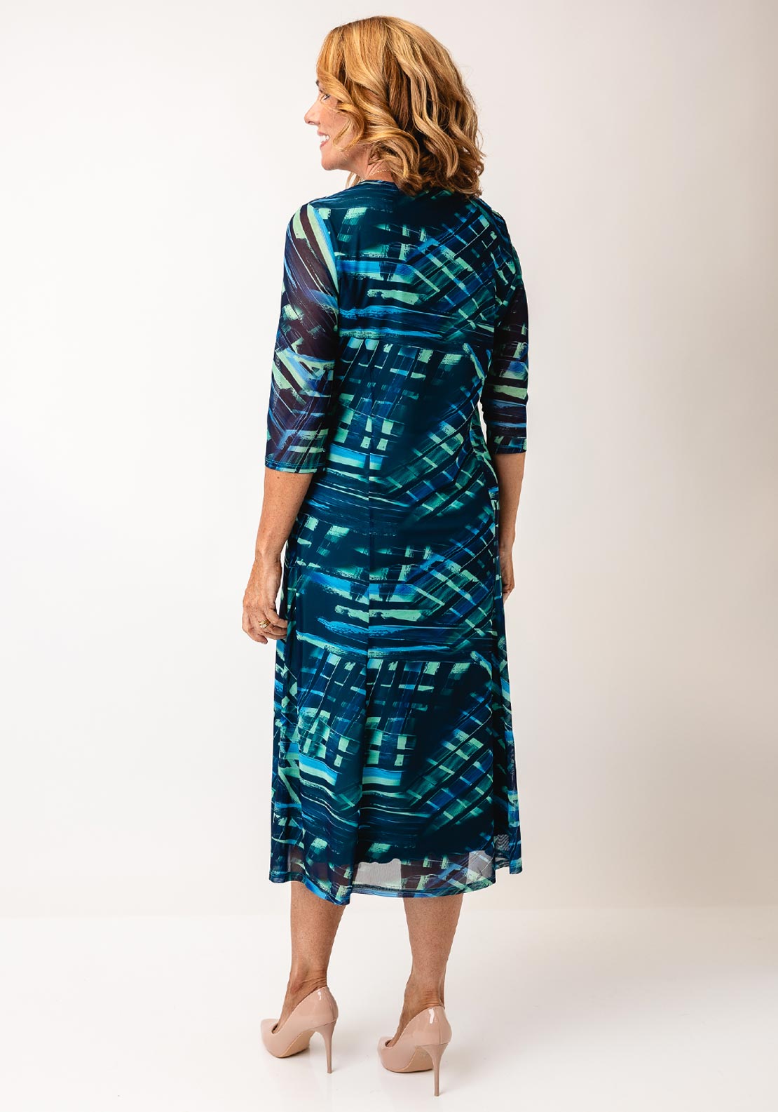 Via Veneto Green Abstract A-Line Dress & Bolero Set, Green