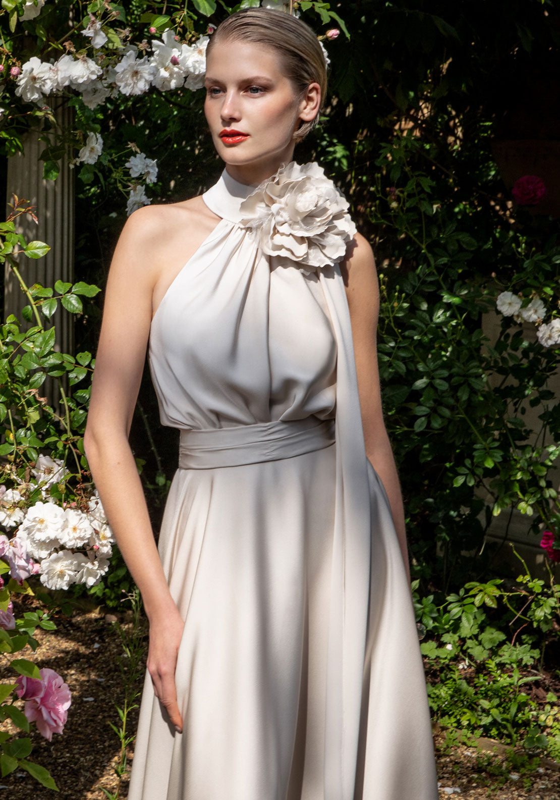 Maisonel High Neck Corsage Long Dress, Oyster Beige - McElhinneys Maisonel High Neck Corsage Long Dress, Oyster Beige - McElhinneys