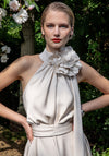 Maisonel High Neck Corsage Long Dress, Oyster Beige