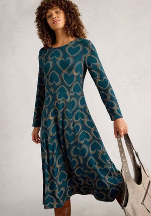 White Stuff Madeline Long Sleeve Midi Heart Print Dress, Green