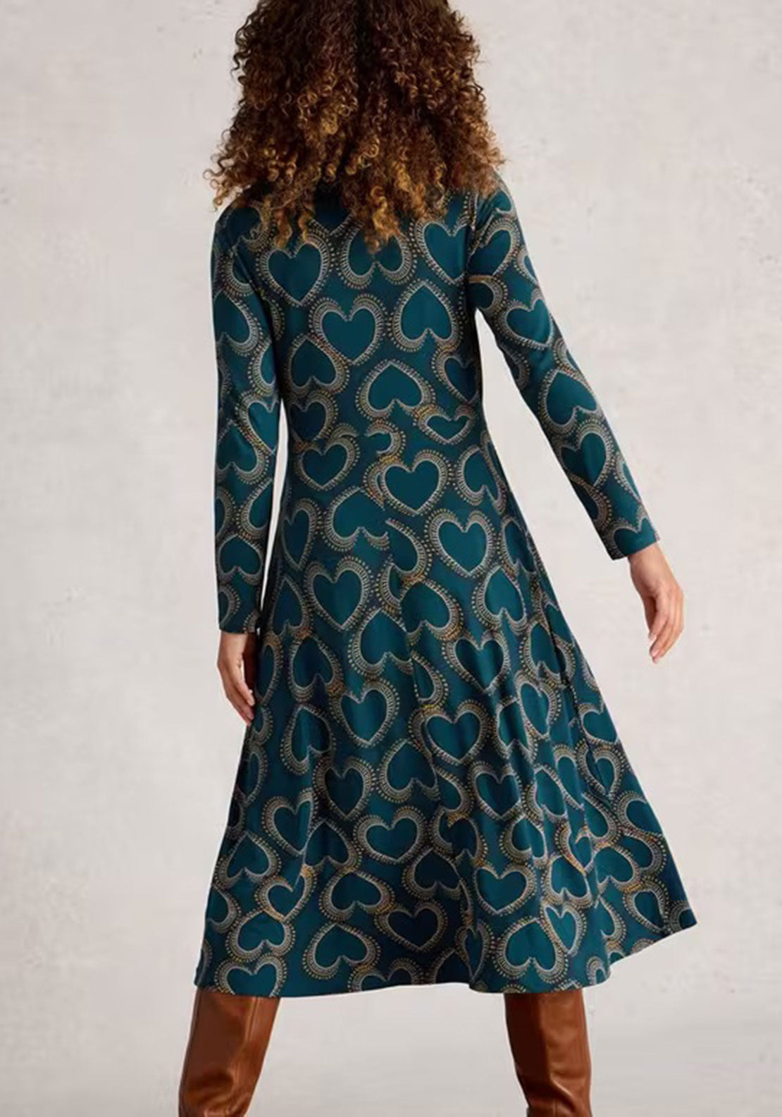 White Stuff Madeline Long Sleeve Midi Heart Print Dress, Green