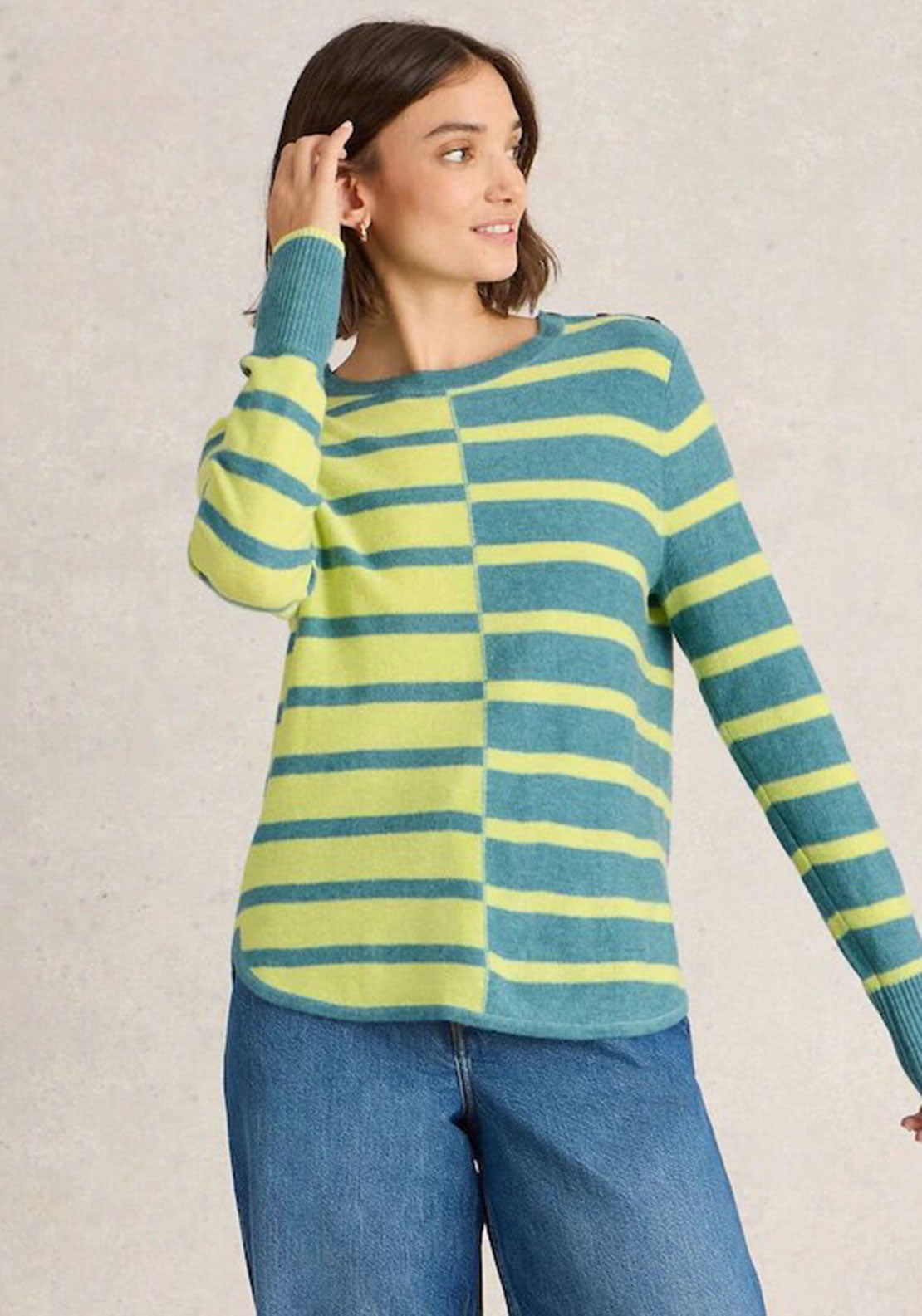 White Stuff Emma Striped Colour Block Jumper, Blue and Lime