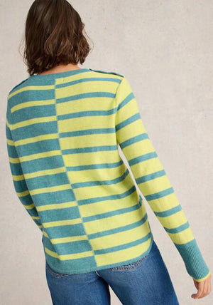 White Stuff Emma Striped Colour Block Jumper, Blue and Lime