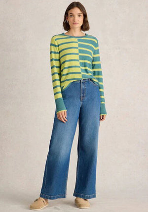White Stuff Emma Striped Colour Block Jumper, Blue and Lime