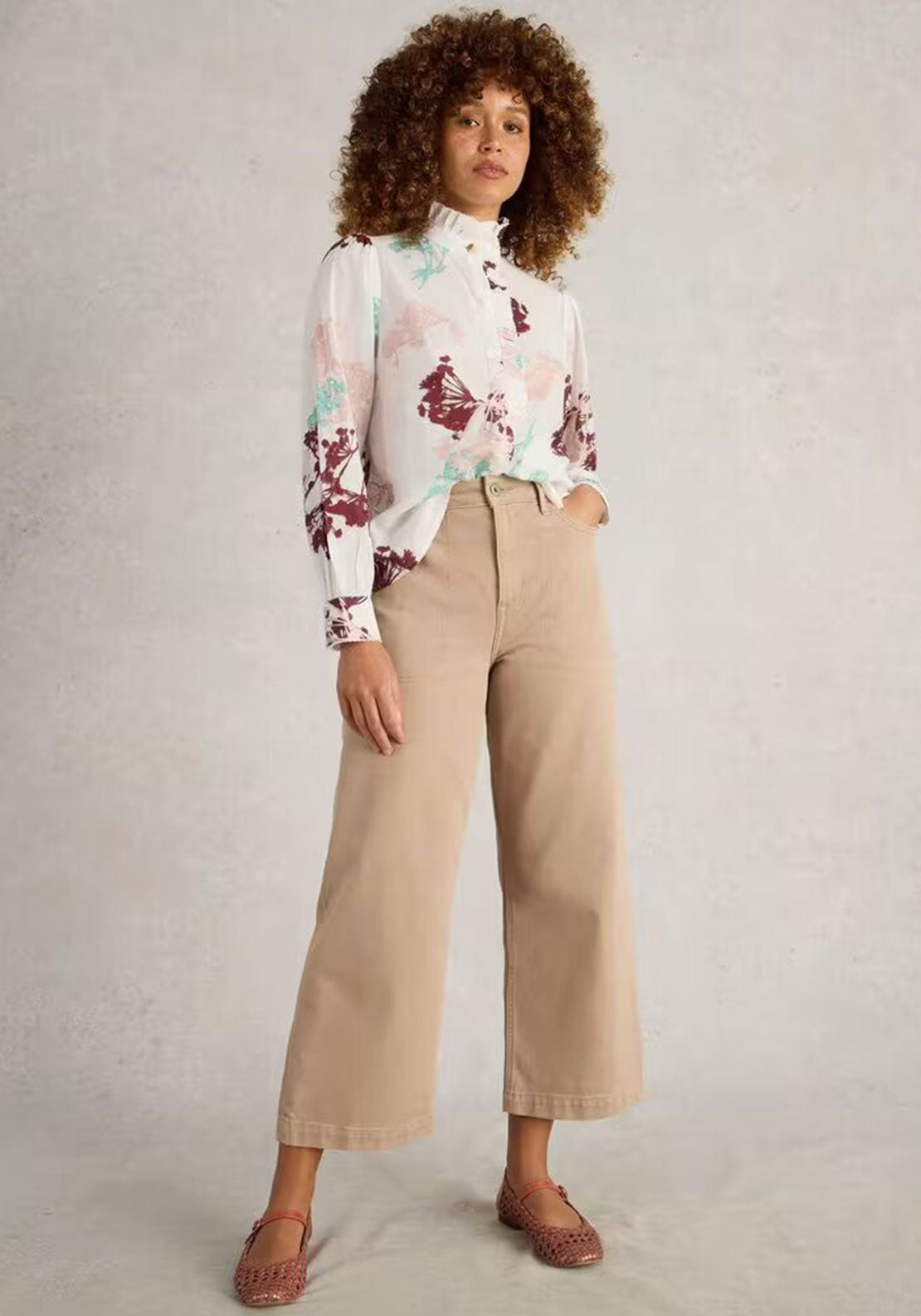 White Stuff Pauline Frill Neck Floral Top, Ivory Multi
