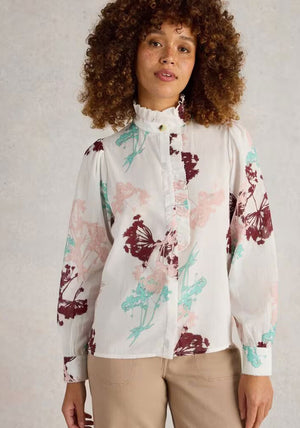 White Stuff Pauline Frill Neck Floral Top, Ivory Multi
