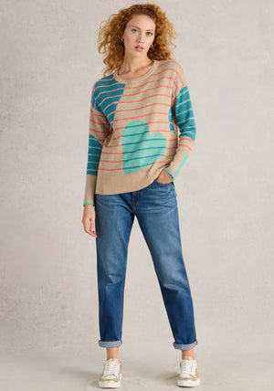 White Stuff Olive Striped Heart Print Sweater, Beige