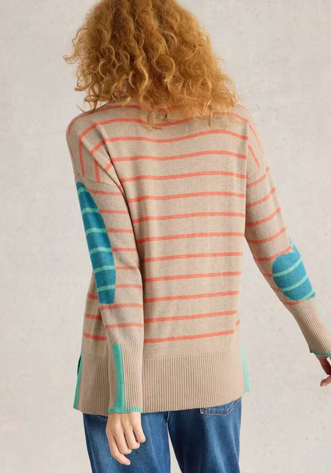 White Stuff Olive Striped Heart Print Sweater, Beige