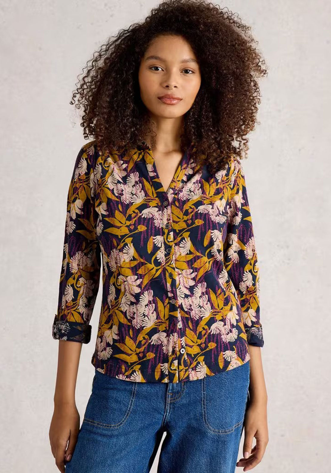 White Stuff Annie V Neck Print Shirt, Navy