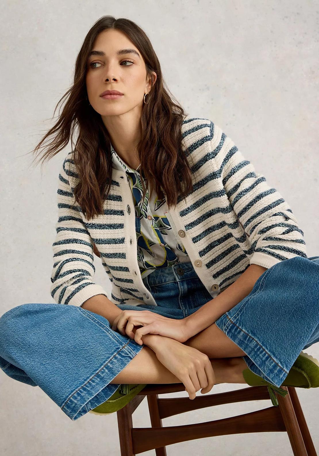 White Stuff Belle Striped Knit Cardigan, Cream and Blue