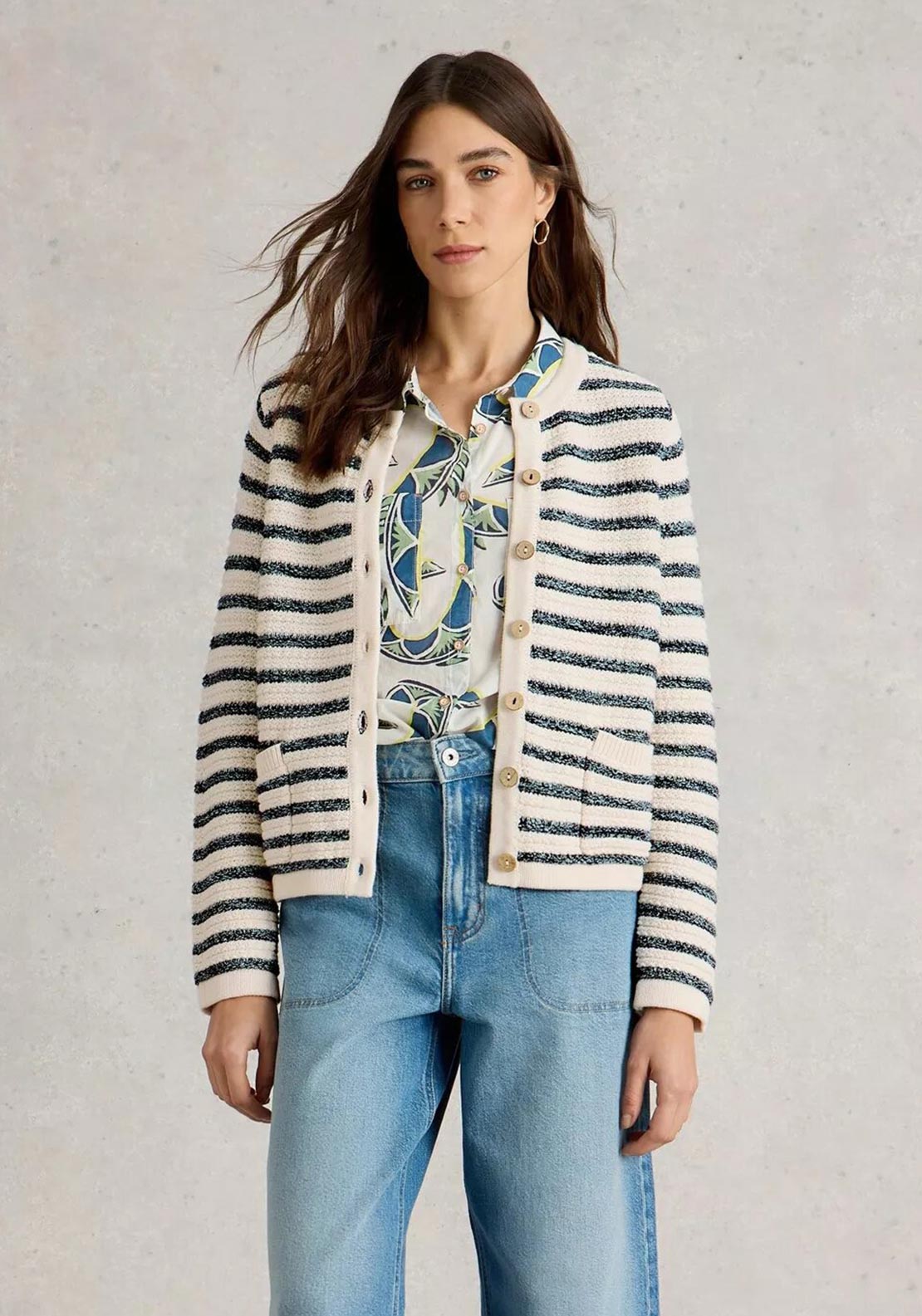 White Stuff Belle Striped Knit Cardigan, Cream and Blue
