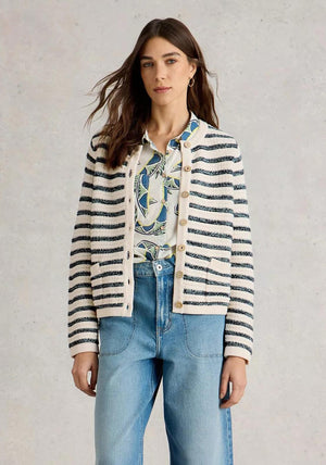 White Stuff Belle Striped Knit Cardigan, Cream and Blue