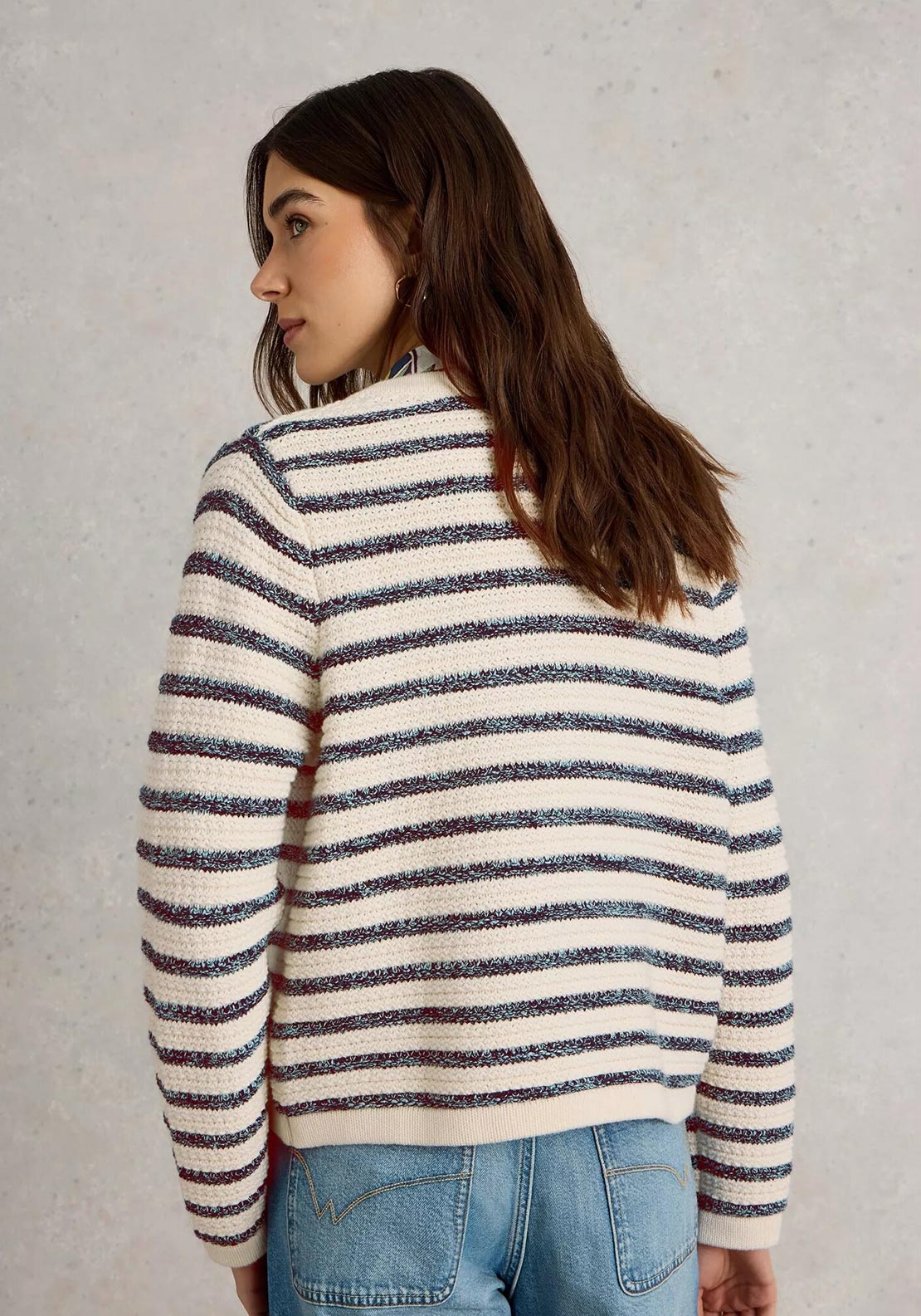 White Stuff Belle Striped Knit Cardigan, Cream and Blue