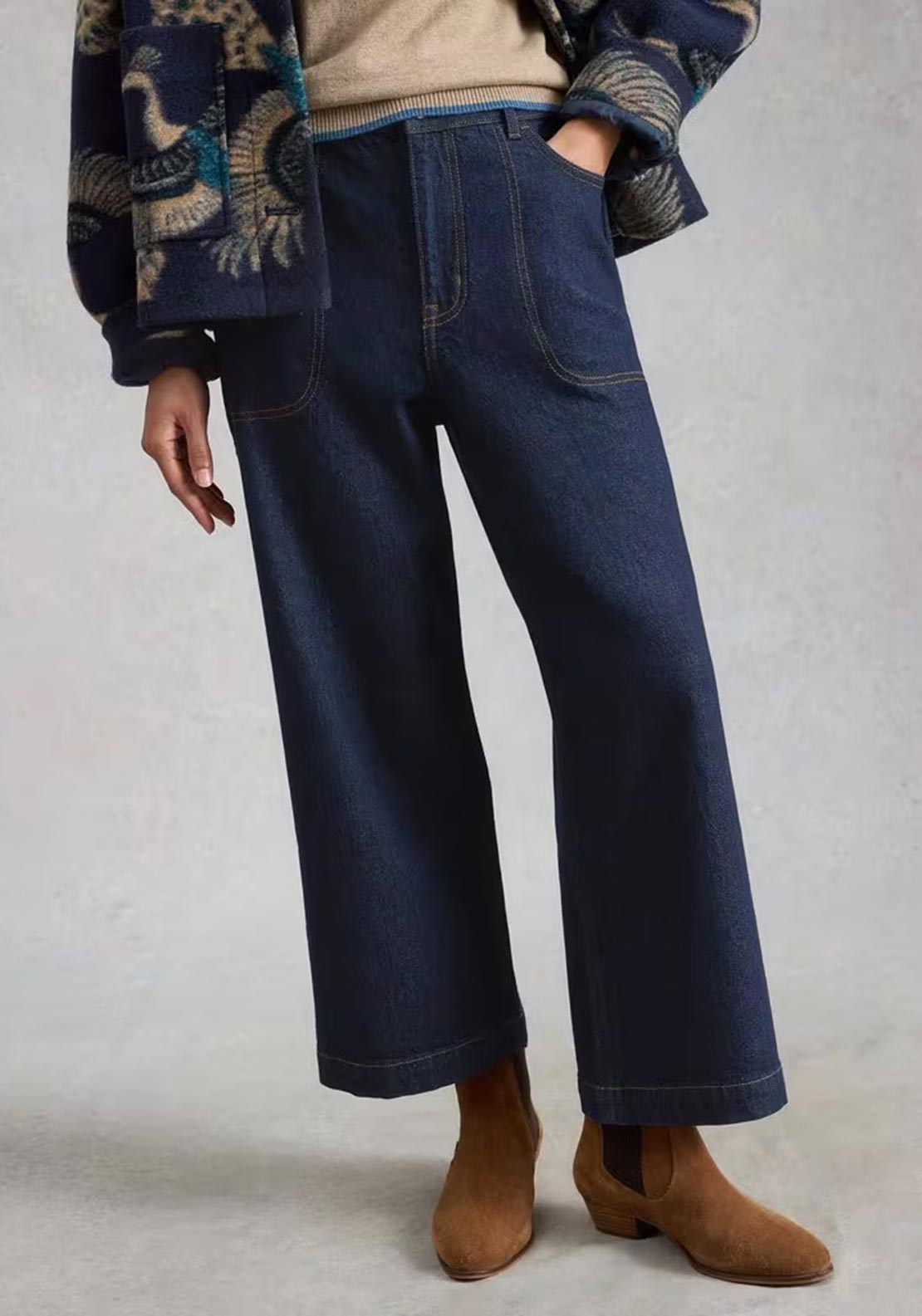 White Stuff Tia Cropped Wide Leg Jeans, Dark Denim