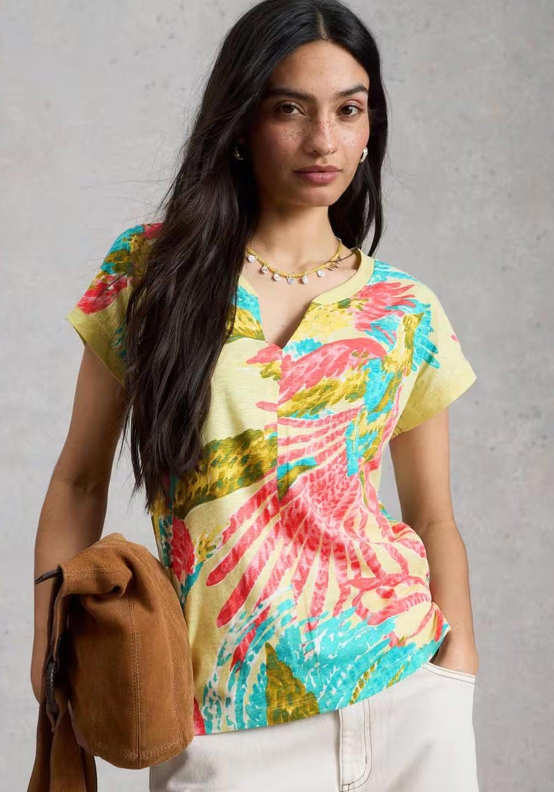 White Stuff Nelly Print Notch Neck T-Shirt, Yellow Multi