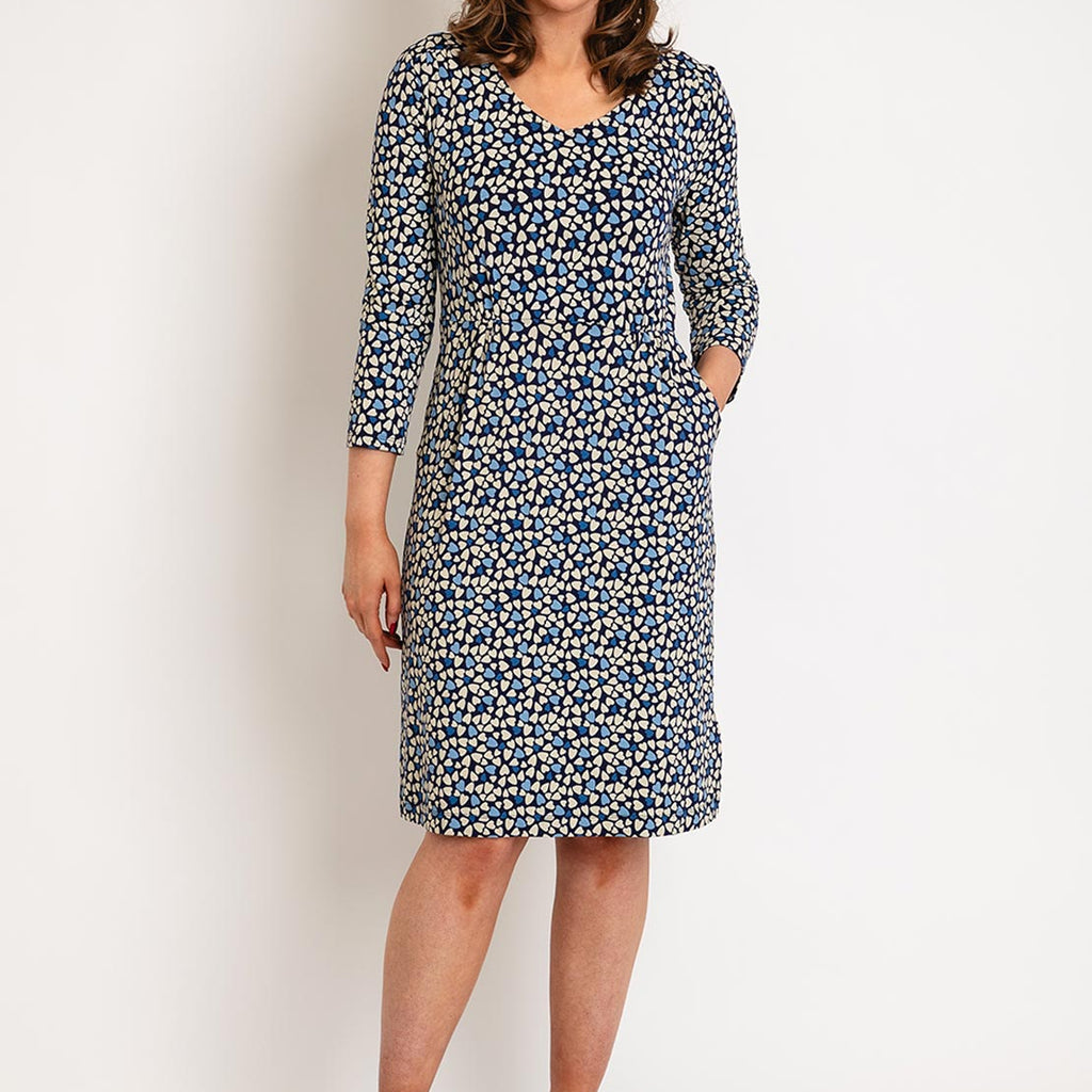 White Stuff Tallie Heart Print Jersey Knee Length Dress, Blue Print