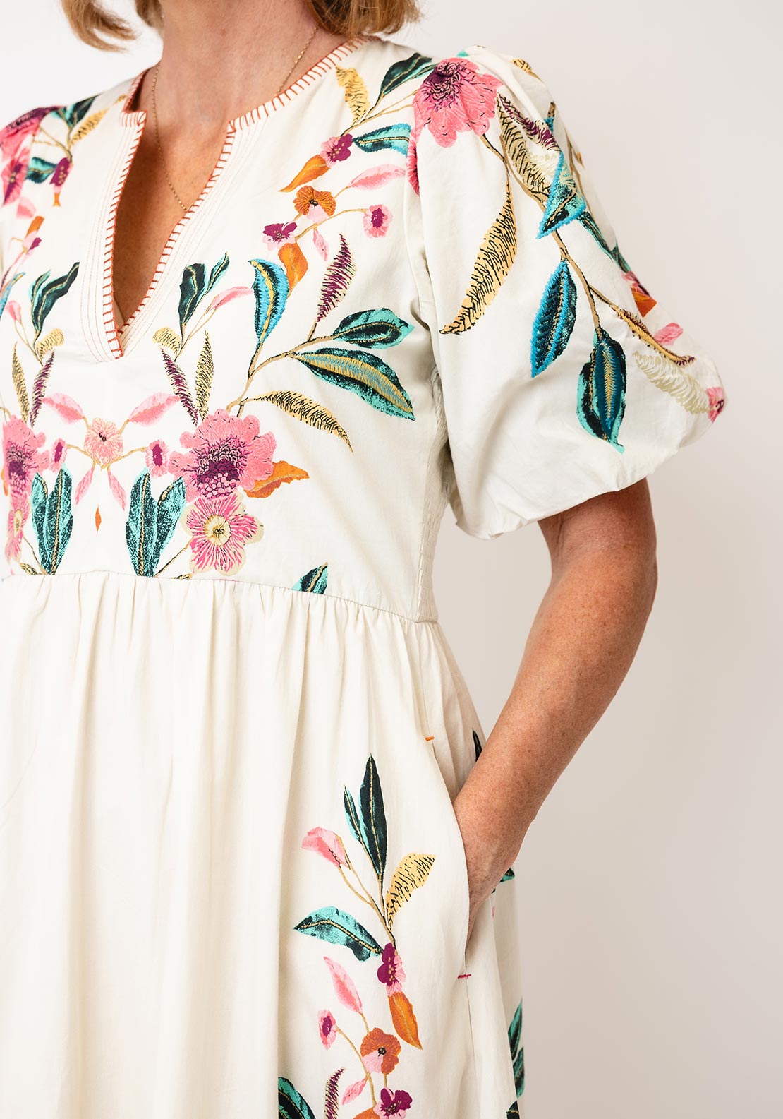 White Stuff Maeve Floral Puff Sleeve Midi Dress, Cream