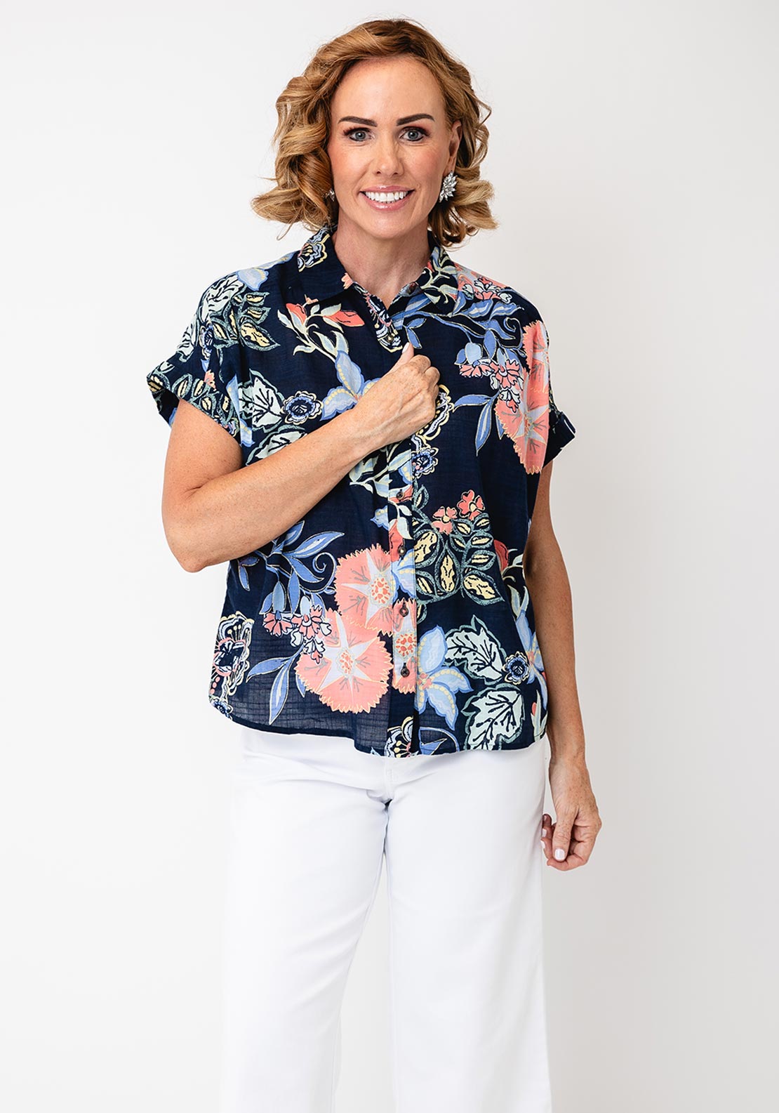 White Stuff Botanical Print Button Down Shirt, Navy Multi