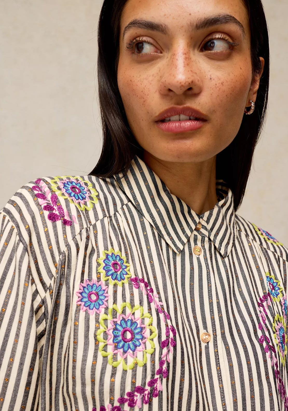 White Stuff Lena Striped Embroidered Shirt, Ivory Multi