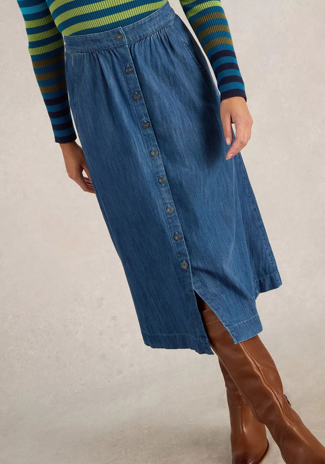 White Stuff Heather Denim Button Midi Skirt, Blue