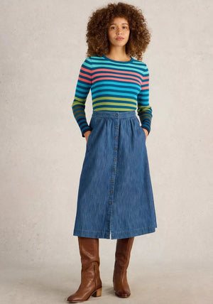White Stuff Heather Denim Button Midi Skirt, Blue