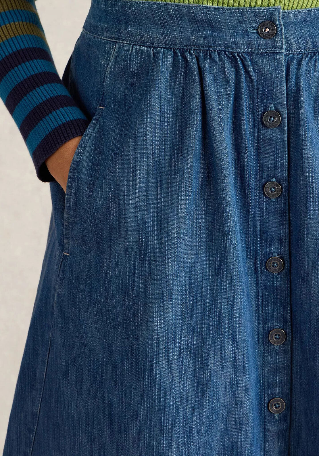 White Stuff Heather Denim Button Midi Skirt, Blue
