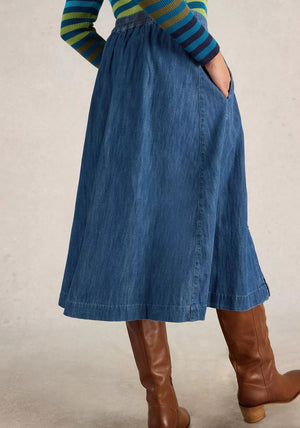 White Stuff Heather Denim Button Midi Skirt, Blue
