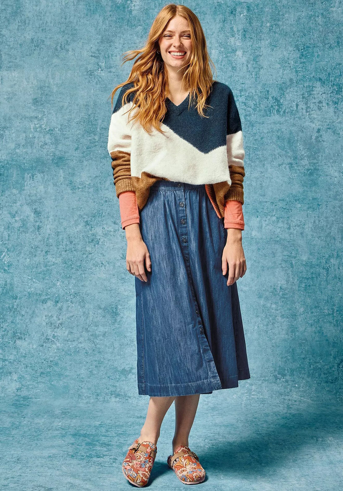 White Stuff Heather Denim Button Midi Skirt, Blue