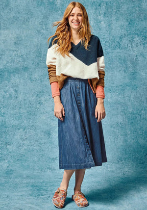 White Stuff Heather Denim Button Midi Skirt, Blue