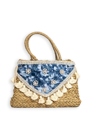 Zen Collection Pearl Tassel Woven Tote Bag, Blue