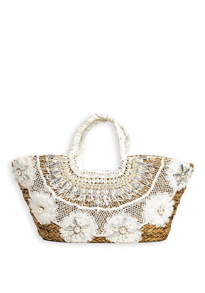 Zen Collection Laced Shell Woven Tote Bag, White