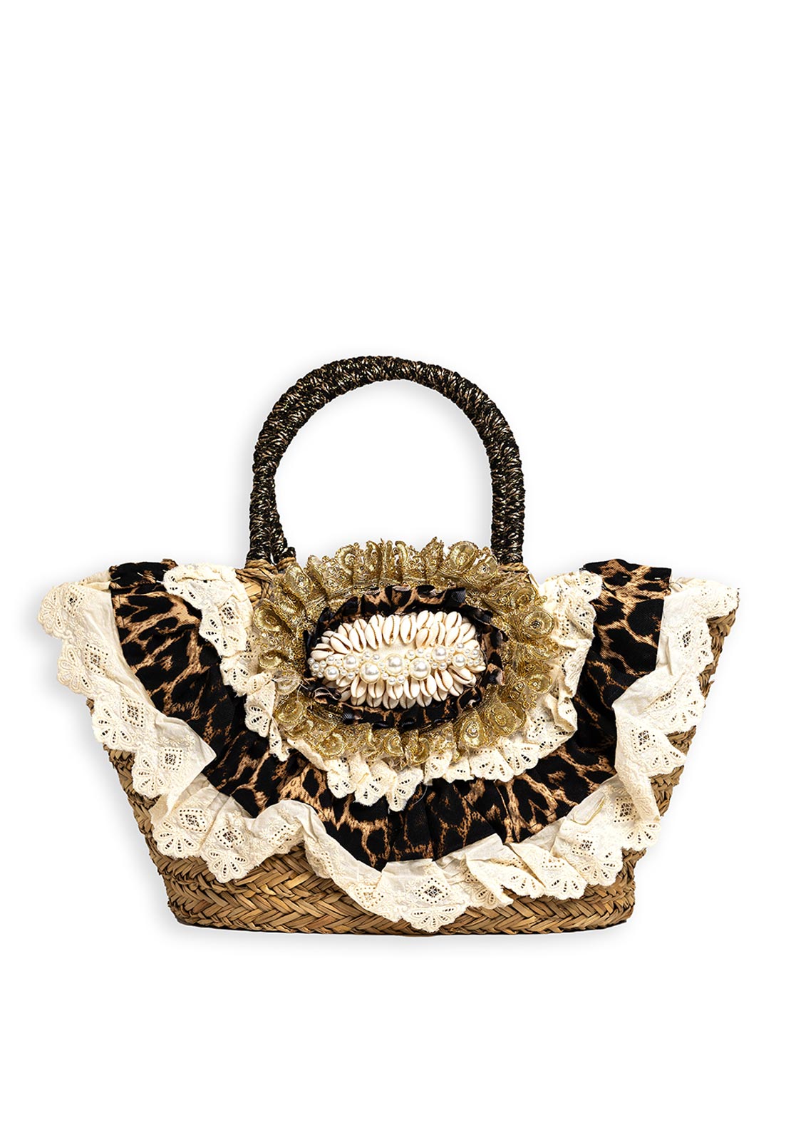 Zen Collection Leopard Print Frill Woven Tote Bag, Black Leopard