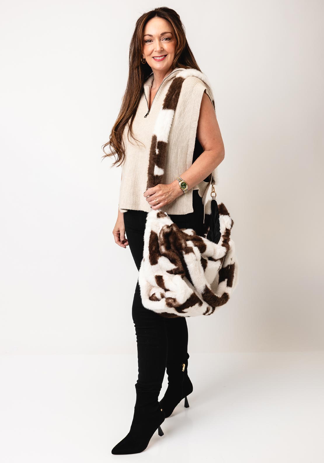 Zen Collection Faux Fur Cow Print Tote Bag, Brown and White